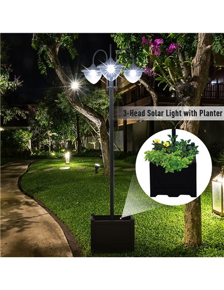 Outsunny 189cm 3-head Solar Lamp Post, Street Light with Planter, Automatic-on, 6 Hour Max Outdoor Ready LED Lighting, Black - pic 123273 | FastDaddyshop