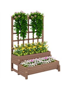 Outsunny 2-Tier Raised Garden Bed with Trellis, Wooden Elevated Planter Box with Drainage Holes, Outdoor Raised Planter for Clim
