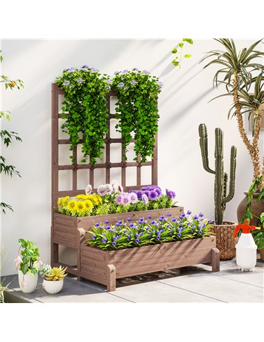 Outsunny 2-Tier Raised Garden Bed with Trellis, Wooden Elevated Planter Box with Drainage Holes, Outdoor Raised Planter for Clim