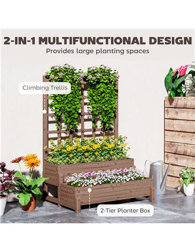 Outsunny 2-Tier Raised Garden Bed with Trellis, Wooden Elevated Planter Box with Drainage Holes, Outdoor Raised Planter for Clim