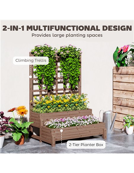 Outsunny 2-Tier Raised Garden Bed with Trellis, Wooden Elevated Planter Box with Drainage Holes, Outdoor Raised Planter for Clim - pic 123288 | FastDaddyshop
