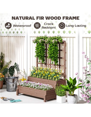 Outsunny 2-Tier Raised Garden Bed with Trellis, Wooden Elevated Planter Box with Drainage Holes, Outdoor Raised Planter for Clim