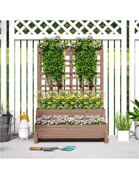 Outsunny 2-Tier Raised Garden Bed with Trellis, Wooden Elevated Planter Box with Drainage Holes, Outdoor Raised Planter for Clim - pic 123292 | FastDaddyshop