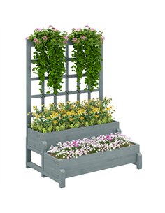Outsunny 2-Tier Raised Garden Bed with Trellis, Wooden Elevated Planter Box with Drainage Holes, Outdoor Raised Planter for Clim
