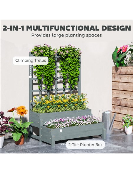 Outsunny 2-Tier Raised Garden Bed with Trellis, Wooden Elevated Planter Box with Drainage Holes, Outdoor Raised Planter for Clim - pic 123306 | FastDaddyshop