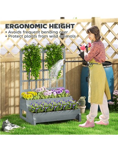 Outsunny 2-Tier Raised Garden Bed with Trellis, Wooden Elevated Planter Box with Drainage Holes, Outdoor Raised Planter for Clim