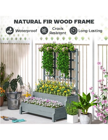 Outsunny 2-Tier Raised Garden Bed with Trellis, Wooden Elevated Planter Box with Drainage Holes, Outdoor Raised Planter for Clim