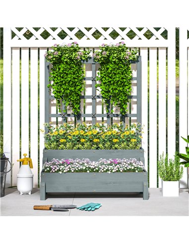 Outsunny 2-Tier Raised Garden Bed with Trellis, Wooden Elevated Planter Box with Drainage Holes, Outdoor Raised Planter for Clim