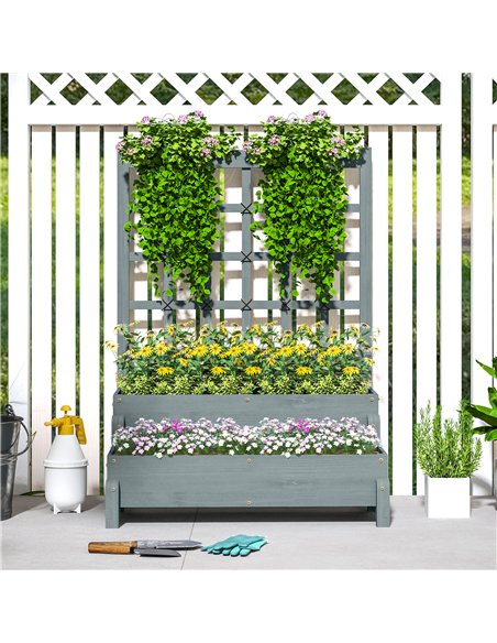Outsunny 2-Tier Raised Garden Bed with Trellis, Wooden Elevated Planter Box with Drainage Holes, Outdoor Raised Planter for Clim - pic 123310 | FastDaddyshop