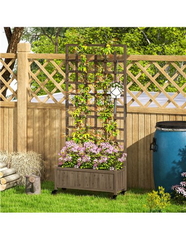 Outsunny Wooden Trellis Planter, Raised Garden Bed with Wheels and Bed Liner, to Climb and Grow Vegetables, Herbs and Flowers