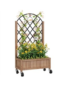 Outsunny Raised Garden Bed with Metal Trellis, Wooden Elevated Planter Box with Wheels and Drainage Holes, Outdoor Raised Plante