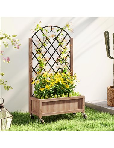 Outsunny Raised Garden Bed with Metal Trellis, Wooden Elevated Planter Box with Wheels and Drainage Holes, Outdoor Raised Plante