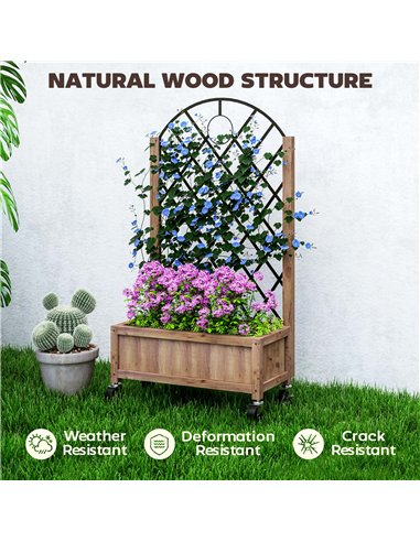 Outsunny Raised Garden Bed with Metal Trellis, Wooden Elevated Planter Box with Wheels and Drainage Holes, Outdoor Raised Plante