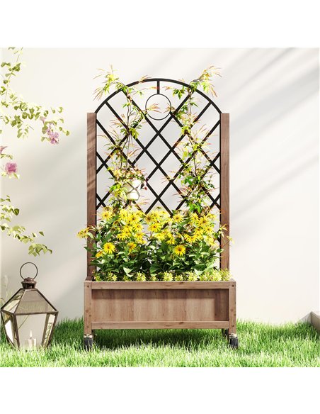 Outsunny Raised Garden Bed with Metal Trellis, Wooden Elevated Planter Box with Wheels and Drainage Holes, Outdoor Raised Plante - pic 123328 | FastDaddyshop