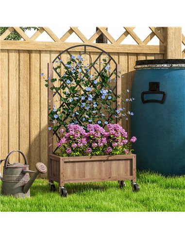 Outsunny Raised Garden Bed with Metal Trellis, Wooden Elevated Planter Box with Wheels and Drainage Holes, Outdoor Raised Plante