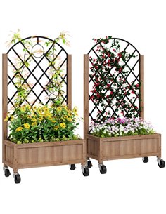 Outsunny Raised Garden Bed with Metal Trellis, Pack of 2 Wooden Elevated Planter Box with Wheels and Drainage Holes, Outdoor Rai