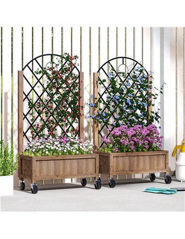 Outsunny Raised Garden Bed with Metal Trellis, Pack of 2 Wooden Elevated Planter Box with Wheels and Drainage Holes, Outdoor Rai