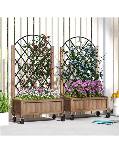 Outsunny Raised Garden Bed with Metal Trellis, Pack of 2 Wooden Elevated Planter Box with Wheels and Drainage Holes, Outdoor Rai - pic 123331 | FastDaddyshop