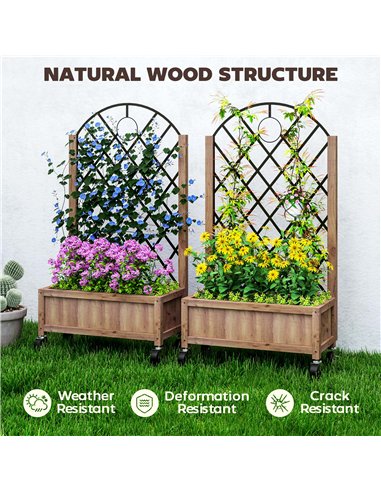 Outsunny Raised Garden Bed with Metal Trellis, Pack of 2 Wooden Elevated Planter Box with Wheels and Drainage Holes, Outdoor Rai