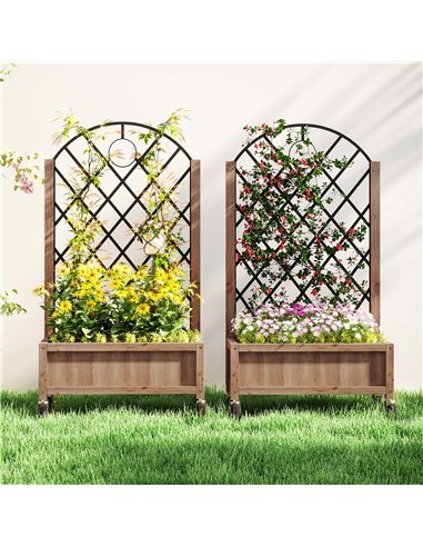 Outsunny Raised Garden Bed with Metal Trellis, Pack of 2 Wooden Elevated Planter Box with Wheels and Drainage Holes, Outdoor Rai