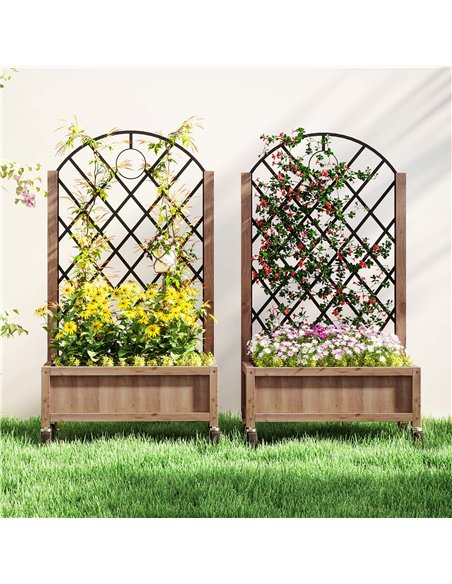 Outsunny Raised Garden Bed with Metal Trellis, Pack of 2 Wooden Elevated Planter Box with Wheels and Drainage Holes, Outdoor Rai - pic 123337 | FastDaddyshop