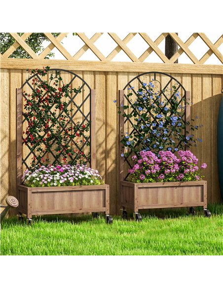 Outsunny Raised Garden Bed with Metal Trellis, Pack of 2 Wooden Elevated Planter Box with Wheels and Drainage Holes, Outdoor Rai - pic 123338 | FastDaddyshop