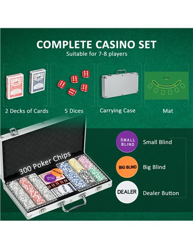SPORTNOW 300-Piece Poker Chips Set, Poker Set with Mat, Chips, Two Card Decks, Dealer, Five Dices