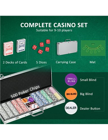 SPORTNOW 500-Piece Poker Chips Set, Poker Set with Mat, Chips, Two Card Decks, Dealer, Five Dices