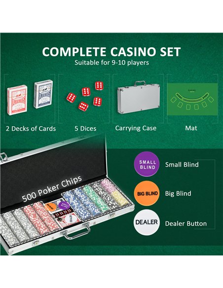 SPORTNOW 500-Piece Poker Chips Set, Poker Set with Mat, Chips, Two Card Decks, Dealer, Five Dices - pic 123351 | FastDaddyshop