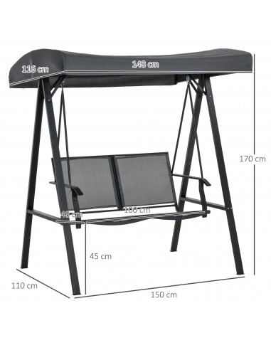 Outsunny 2 Seater Garden Swing Seat Swing Chair Outdoor Hammock Bench w/ Adjustable Tilting Canopy, Texteline Seats and Steel Fr