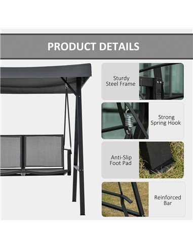 Outsunny 2 Seater Garden Swing Seat Swing Chair Outdoor Hammock Bench w/ Adjustable Tilting Canopy, Texteline Seats and Steel Fr