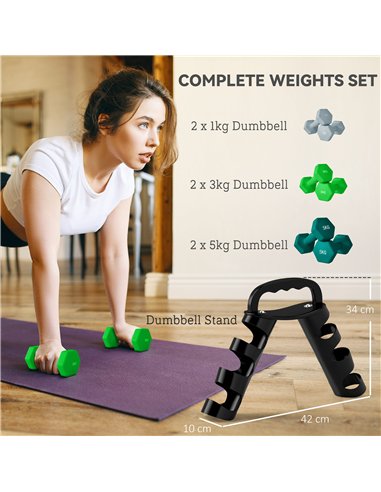 SPORTNOW Dumbbells Set with Carry Storage Rack, Set of 6 Weights for Home Gym Kettlebell Training Weight Lifting Exercise, 2 x 1