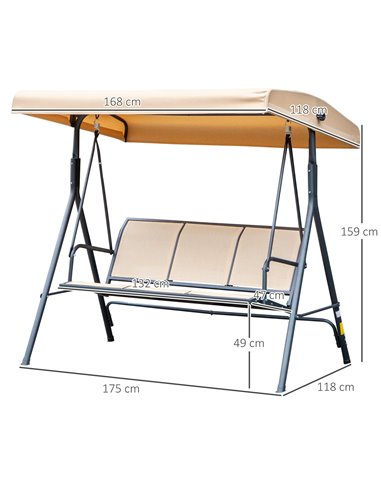 Outsunny 3 Seater Swing Chair Canopy Replacement Outdoor Hammock w/ Canopy Steel Frame - Beige