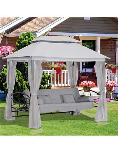 Outsunny 2-in-1 Convertible Swing Chair Bed 3 Seater Hammock Gazebo Patio Bench Cushioned Seat Mesh Curtains - Grey