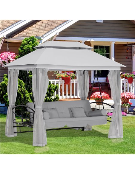 Outsunny 2-in-1 Convertible Swing Chair Bed 3 Seater Hammock Gazebo Patio Bench Cushioned Seat Mesh Curtains - Grey - pic 12359 | FastDaddyshop