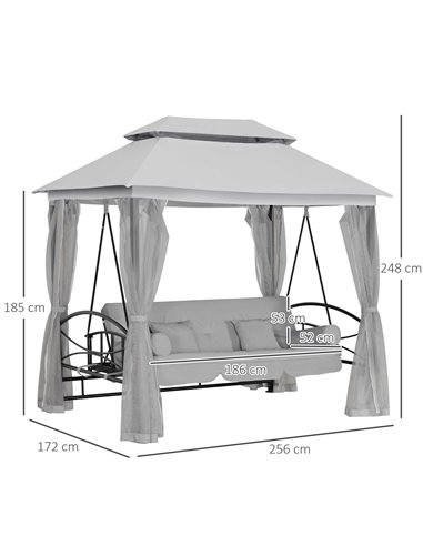 Outsunny 2-in-1 Convertible Swing Chair Bed 3 Seater Hammock Gazebo Patio Bench Cushioned Seat Mesh Curtains - Grey
