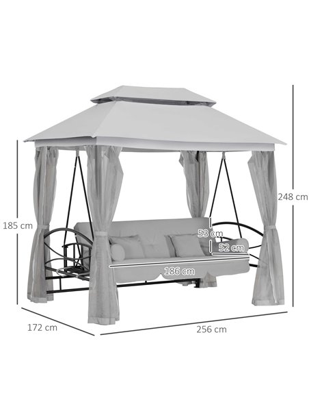 Outsunny 2-in-1 Convertible Swing Chair Bed 3 Seater Hammock Gazebo Patio Bench Cushioned Seat Mesh Curtains - Grey - pic 12360 | FastDaddyshop