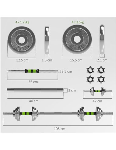 SPORTNOW 20kg Adjustable Weights Dumbbells Set, 2-in-1 Dumbbells and Barbell with Non-slip Handle, Free Weights Set for Home Gym