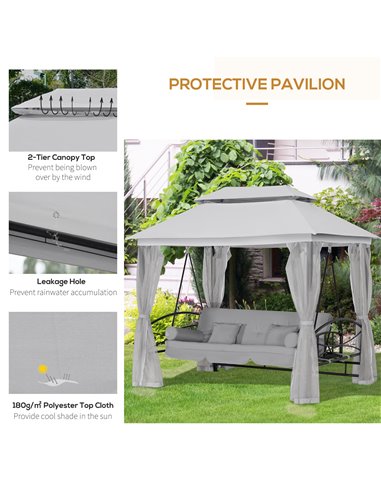 Outsunny 2-in-1 Convertible Swing Chair Bed 3 Seater Hammock Gazebo Patio Bench Cushioned Seat Mesh Curtains - Grey