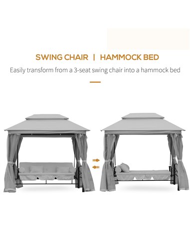 Outsunny 2-in-1 Convertible Swing Chair Bed 3 Seater Hammock Gazebo Patio Bench Cushioned Seat Mesh Curtains - Grey