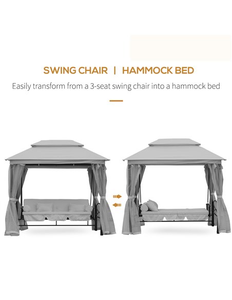 Outsunny 2-in-1 Convertible Swing Chair Bed 3 Seater Hammock Gazebo Patio Bench Cushioned Seat Mesh Curtains - Grey - pic 12365 | FastDaddyshop