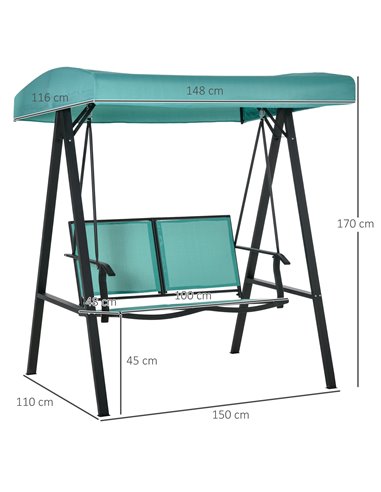 Outsunny 2 Seater Garden Swing Seat Swing Chair Outdoor Hammock Bench w/ Adjustable Tilting Canopy, Texteline Seats and Steel Fr