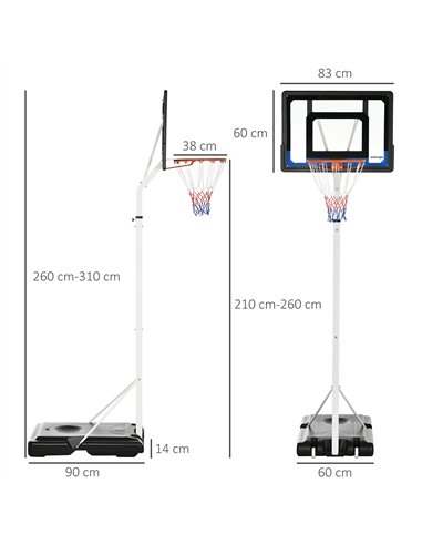 SPORTNOW 2.1-2.6m Adjustable Basketball Hoop and Basketball Stand w/ Backboard and Weighted Base, Portable on Wheels, White