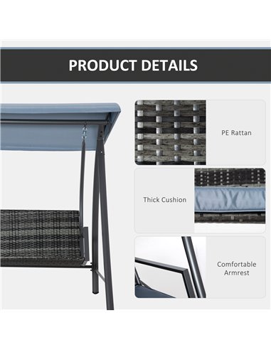 Outsunny 2-3 Seater Outdoor Garden Rattan Swing Chair with Adjustable Canopy Removable Cushion Hammock Seater Bench Bed Lounger,