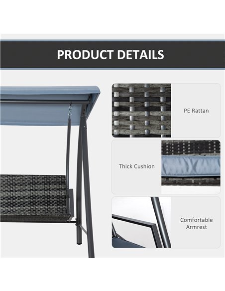 Outsunny 2-3 Seater Outdoor Garden Rattan Swing Chair with Adjustable Canopy Removable Cushion Hammock Seater Bench Bed Lounger, - pic 12379 | FastDaddyshop