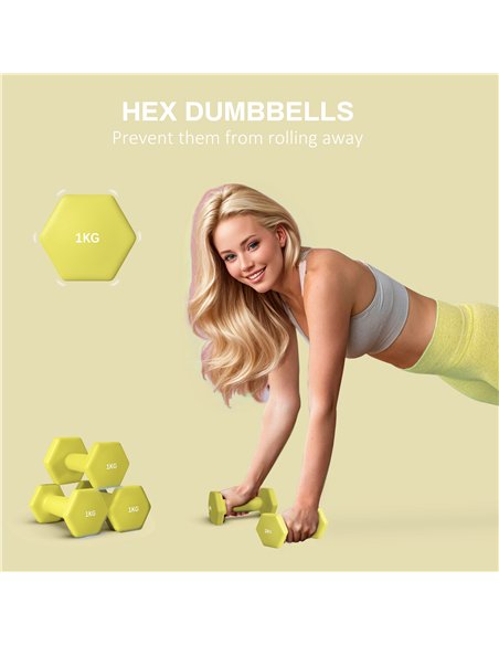 SPORTNOW 2 x 1kg Hexagonal Dumbbells Weights Set with Non-Slip Grip for Home Gym Workout, Yellow - pic 123801 | FastDaddyshop