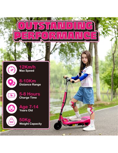 HOMCOM Foldable Electric Kids Scooter, Ride on, for Ages 7-14 Years, Pink