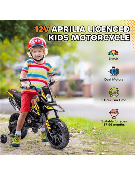 AIYAPLAY 12V Aprilia Licenced Kids Motorbike with Training Wheels, Spring Suspension, LED Light, USB, Music, Yellow - pic 124026 | FastDaddyshop