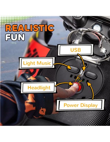 AIYAPLAY 12V Aprilia Licenced Kids Motorbike with Training Wheels, Spring Suspension, LED Light, USB, Music, Yellow