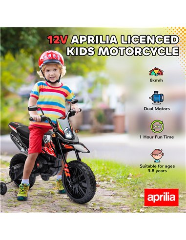 AIYAPLAY 12V Aprilia Licenced Kids Motorbike with Training Wheels, Spring Suspension, LED Light, USB, Music, Red
